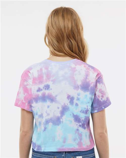 Cotton Candy - Colortone 1050 Tie-Dyed Crop T-Shirt with Printed Logo Colortone Tie-Dyed Crop T-Shirt in Cotton Candy, back view on model