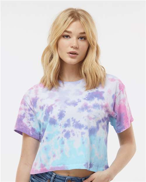 Cotton Candy - Colortone 1050 Tie-Dyed Crop T-Shirt with Printed Logo Colortone Tie-Dyed Crop T-Shirt in Cotton Candy, front view on model