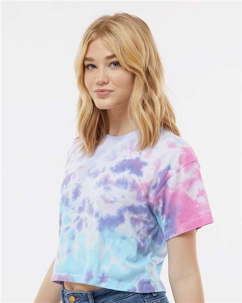 Cotton Candy - Colortone 1050 Tie-Dyed Crop T-Shirt with Printed Logo Colortone Tie-Dyed Crop T-Shirt in Cotton Candy, side view on model