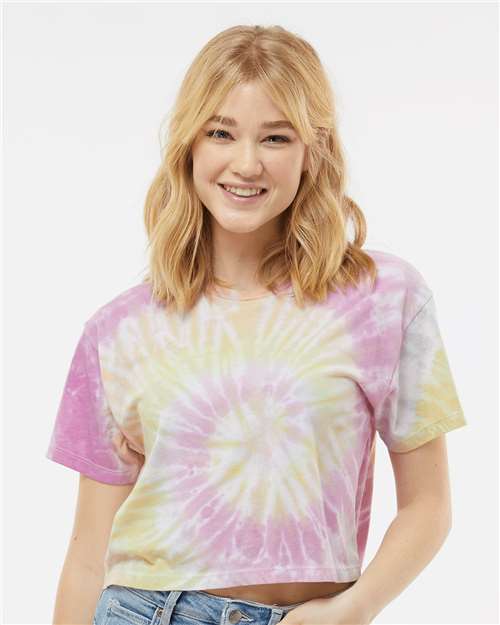 Desert Rose - Colortone 1050 Tie-Dyed Crop T-Shirt with Printed Logo Colortone Tie-Dyed Crop T-Shirt in Desert Rose, front view on model