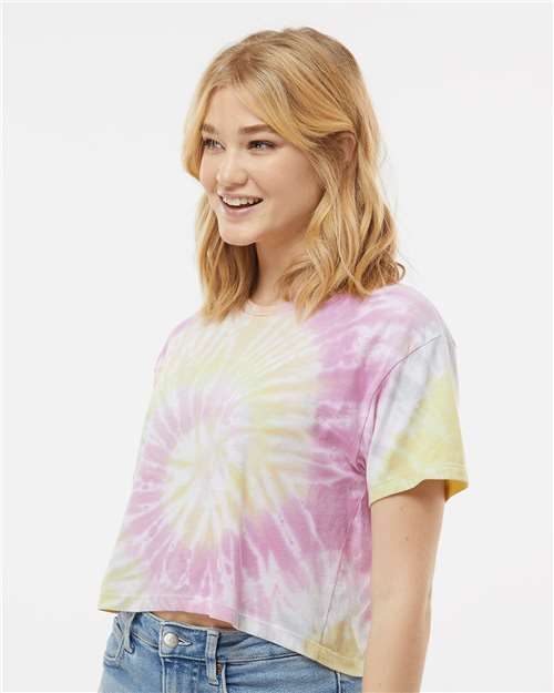 Desert Rose - Colortone 1050 Tie-Dyed Crop T-Shirt with Printed Logo Colortone Tie-Dyed Crop T-Shirt in Desert Rose, side view on model