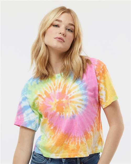 Eternity - Colortone 1050 Tie-Dyed Crop T-Shirt with Printed Logo Colortone Tie-Dyed Crop T-Shirt in Eternity, front view on model