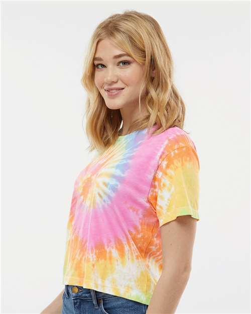 Eternity - Colortone 1050 Tie-Dyed Crop T-Shirt with Printed Logo Colortone Tie-Dyed Crop T-Shirt in Eternity, side view on model