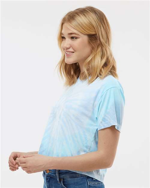 Lagoon - Colortone 1050 Tie-Dyed Crop T-Shirt with Printed Logo Colortone Tie-Dyed Crop T-Shirt in Lagoon, side view on model
