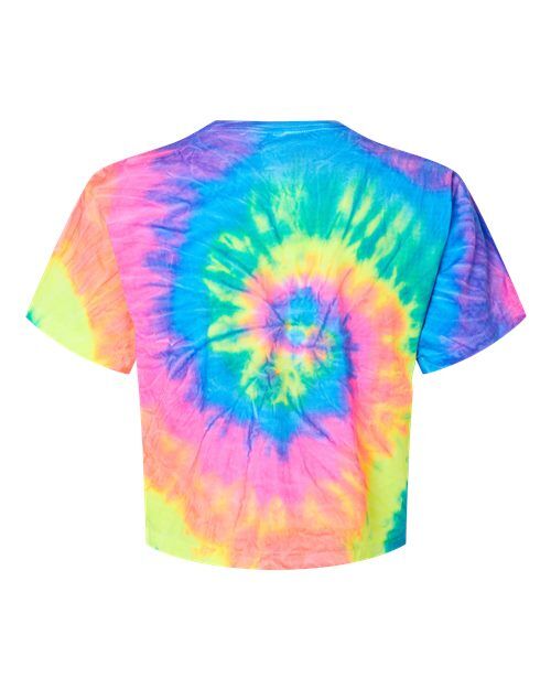 Neon Rainbow - Colortone 1050 Tie-Dyed Crop T-Shirt with Printed Logo Colortone Tie-Dyed Crop T-Shirt in Neon Rainbow, back view
