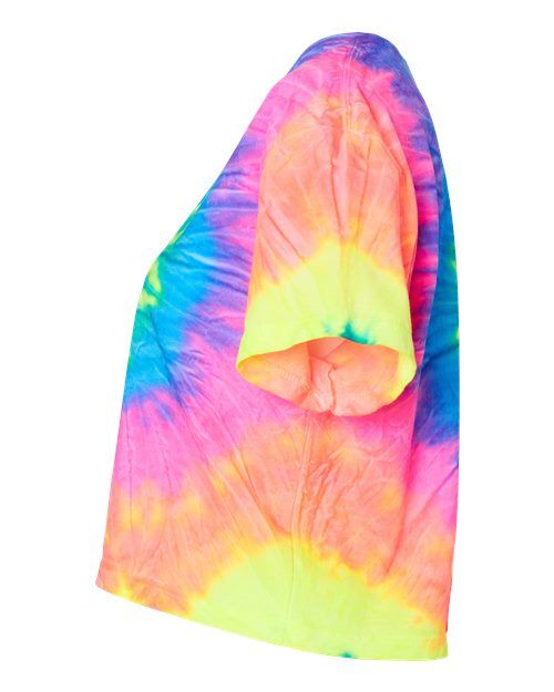 Neon Rainbow - Colortone 1050 Tie-Dyed Crop T-Shirt with Printed Logo Colortone Tie-Dyed Crop T-Shirt in Neon Rainbow, side view