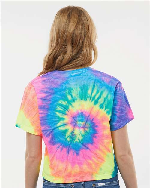 Neon Rainbow - Colortone 1050 Tie-Dyed Crop T-Shirt with Printed Logo Colortone Tie-Dyed Crop T-Shirt in Neon Rainbow, back view on model