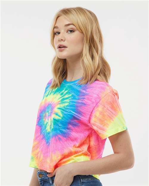 Neon Rainbow - Colortone 1050 Tie-Dyed Crop T-Shirt with Printed Logo Colortone Tie-Dyed Crop T-Shirt in Neon Rainbow, side view on model