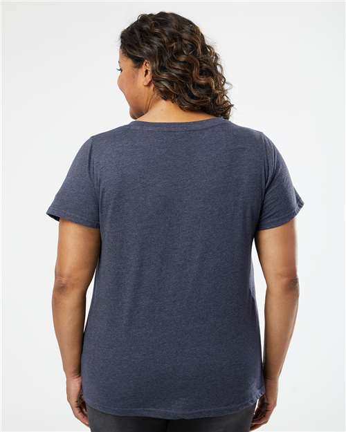 Vintage Denim - LAT 3817 Curvy Collection V-Neck Tee with Printed Logo LAT Women's Curvy Collection Fine Jersey V-Neck Tee in Vintage Denim, back view on model