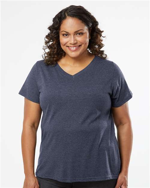 Vintage Denim - LAT 3817 Curvy Collection V-Neck Tee with Printed Logo LAT Women's Curvy Collection Fine Jersey V-Neck Tee in Vintage Denim, front view on model
