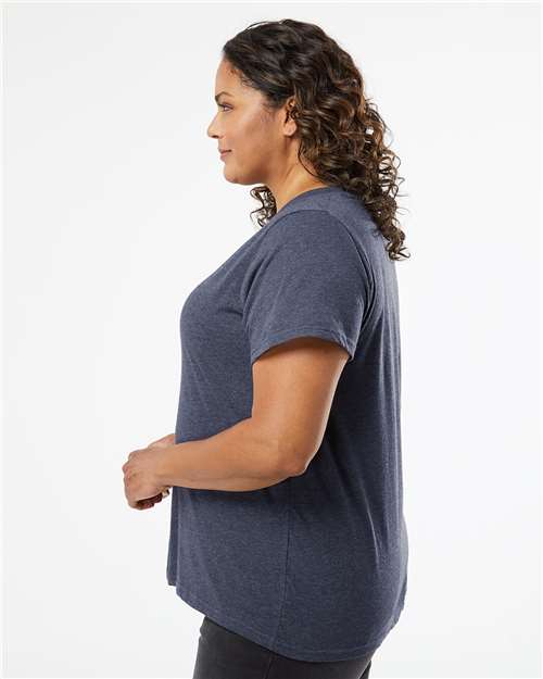 Vintage Denim - LAT 3817 Curvy Collection V-Neck Tee with Printed Logo LAT Women's Curvy Collection Fine Jersey V-Neck Tee in Vintage Denim, side view on model