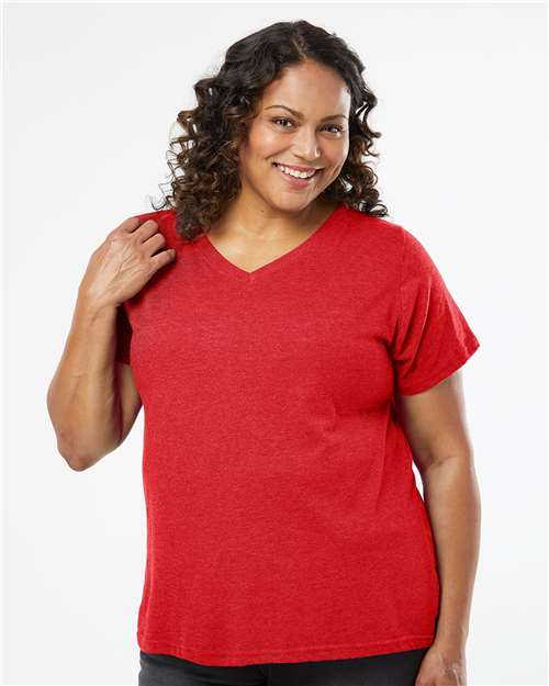 Vintage Red - LAT 3817 Curvy Collection V-Neck Tee with Printed Logo LAT Women's Curvy Collection Fine Jersey V-Neck Tee in Vintage Red, front view on model