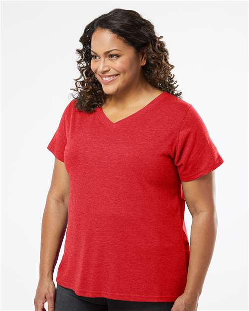 Vintage Red - LAT 3817 Curvy Collection V-Neck Tee with Printed Logo LAT Women's Curvy Collection Fine Jersey V-Neck Tee in Vintage Red, side view on model
