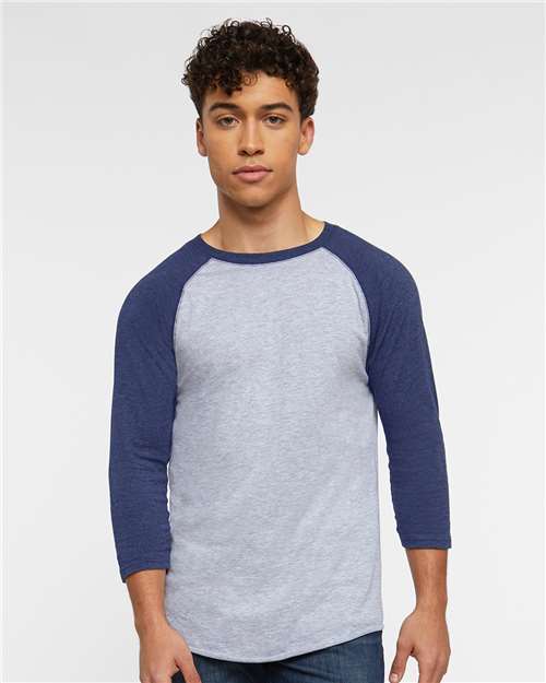 Vintage Heather/ Vintage True Navy - LAT 6930 Baseball Three-Quarter Sleeve Tee with Your Logo LAT Unisex Baseball Fine Jersey Three-Quarter Sleeve Tee in Vintage Heather/Vintage True Navy, front view on model