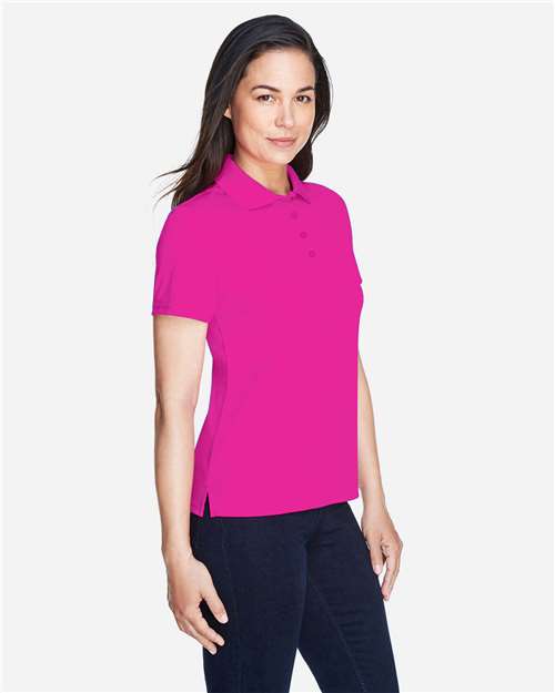 Bright Magenta - CORE365 78181 Women's Polo with Embroidered Company Logo CORE365 Women’s Polo in Bright Magenta, side view on model