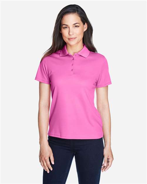 Charity Pink - CORE365 78181 Women's Polo with Embroidered Company Logo CORE365 Women’s Polo in Charity Pink, front view on model