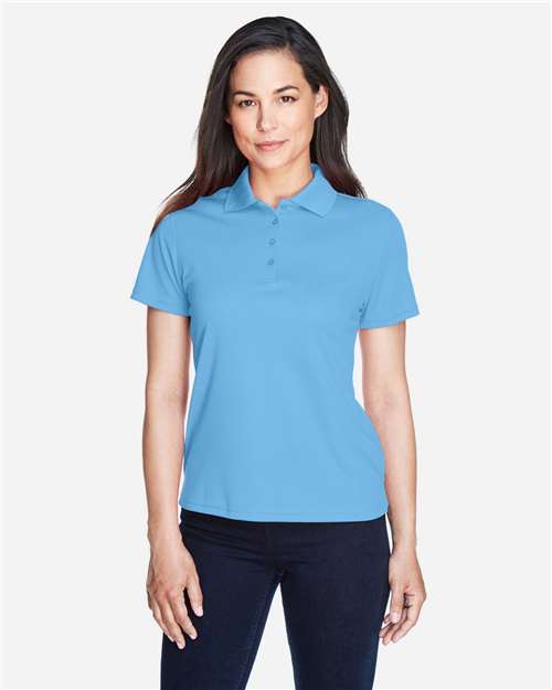 Columbia Blue - CORE365 78181 Women's Polo with Embroidered Company Logo CORE365 Women’s Polo in Columbia Blue, front view on model