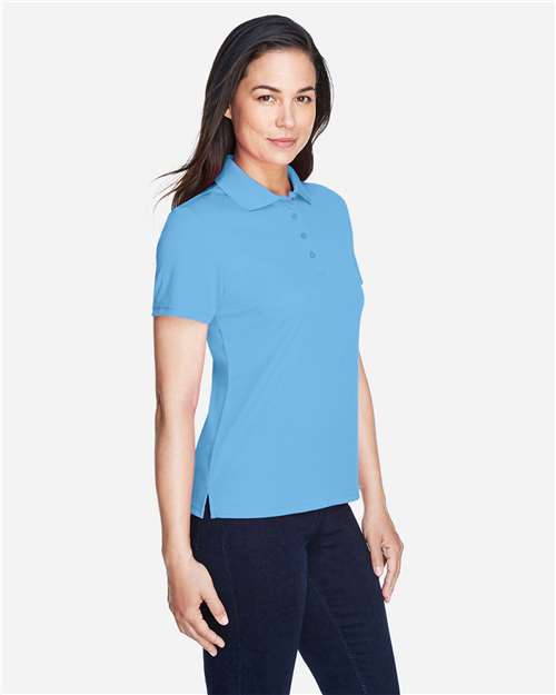 Columbia Blue - CORE365 78181 Women's Polo with Embroidered Company Logo CORE365 Women’s Polo in Columbia Blue, side view on model
