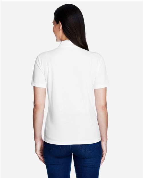 White - CORE365 78181 Women's Polo with Embroidered Company Logo CORE365 Women’s Polo in White, back view on model