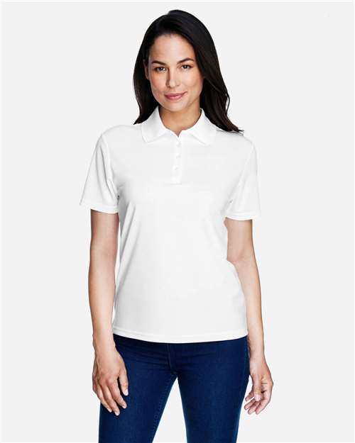 White - CORE365 78181 Women's Polo with Embroidered Company Logo CORE365 Women’s Polo in White, front view on model
