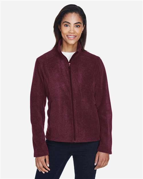 Burgundy - CORE365 78190 Women's Jacket with Embroidered Company Logo CORE365 Women's Journey Fleece Jacket in Burgundy, front view on model