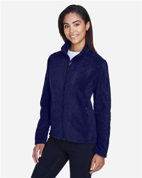 Classic Navy - CORE365 78190 Women's Jacket with Embroidered Company Logo CORE365 Women's Journey Fleece Jacket in Classic Navy, side view on model
