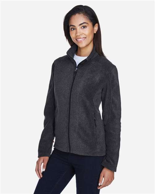 Heather Charcoal - CORE365 78190 Women's Jacket with Embroidered Company Logo CORE365 Women's Journey Fleece Jacket in Heather Charcoal, side view on model