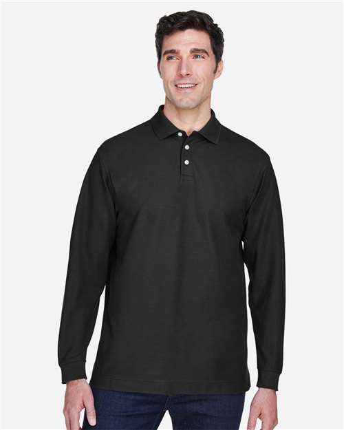 Black - Devon & Jones D110 Men's Long Sleeve Polo with Company Logo Devon & Jones Men’s Long Sleeve Polo in Black, front view on model