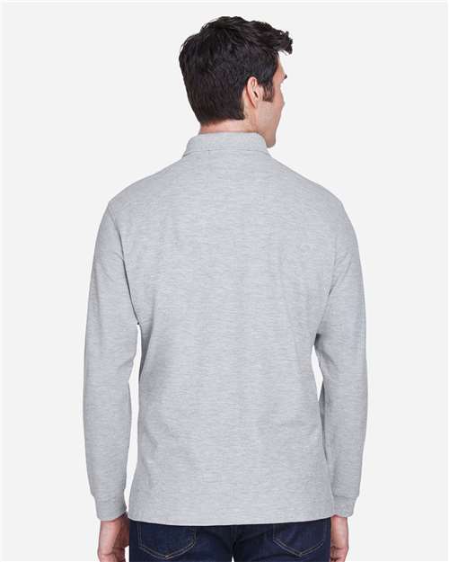 Grey Heather - Devon & Jones D110 Men's Long Sleeve Polo with Company Logo Devon & Jones Men’s Long Sleeve Polo in Grey Heather, back view on model