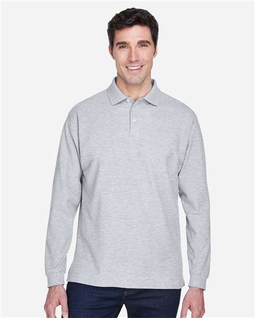 Grey Heather - Devon & Jones D110 Men's Long Sleeve Polo with Company Logo Devon & Jones Men’s Long Sleeve Polo in Grey Heather, front view on model