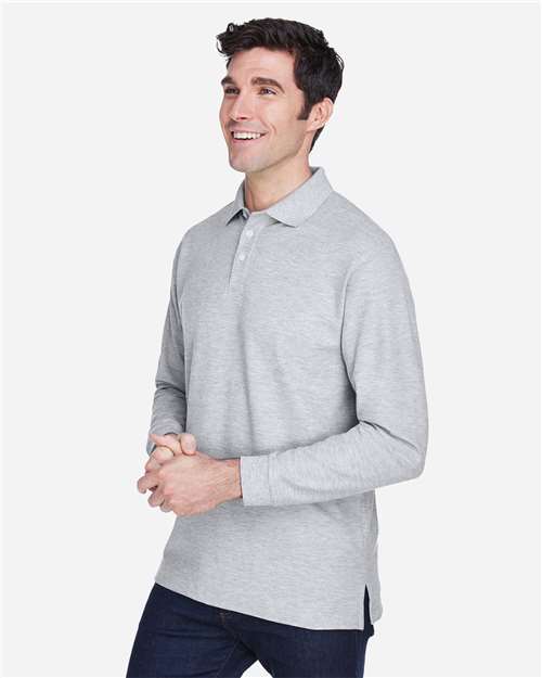 Grey Heather - Devon & Jones D110 Men's Long Sleeve Polo with Company Logo Devon & Jones Men’s Long Sleeve Polo in Grey Heather, side view on model