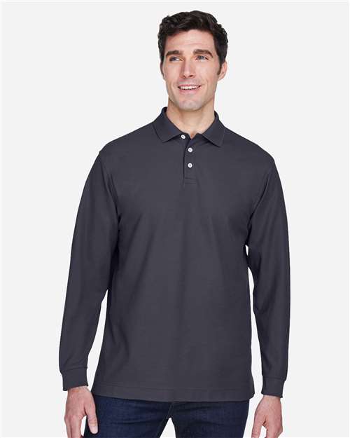 Navy - Devon & Jones D110 Men's Long Sleeve Polo with Company Logo Devon & Jones Men’s Long Sleeve Polo in Navy, front view on model
