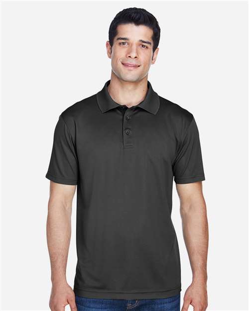 Black - Harriton M315 Men's Polo with Embroidered Company Logo Harriton Men's Polyester Jersey Polo in Black, front view on model