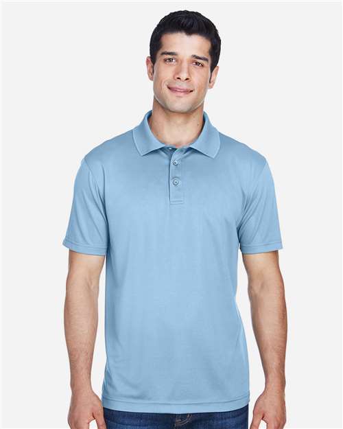 Light Blue - Harriton M315 Men's Polo with Embroidered Company Logo Harriton Men's Polyester Jersey Polo in Light Blue, front view on model