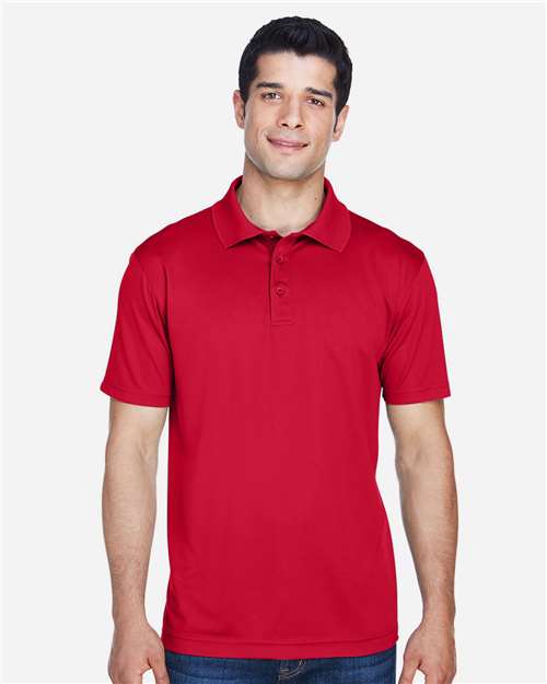 Red - Harriton M315 Men's Polo with Embroidered Company Logo Harriton Men's Polyester Jersey Polo in Red, front view on model