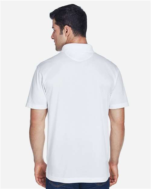 White - Harriton M315 Men's Polo with Embroidered Company Logo Harriton Men's Polyester Jersey Polo in White, back view on model