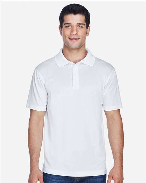 White - Harriton M315 Men's Polo with Embroidered Company Logo Harriton Men's Polyester Jersey Polo in White, front view on model