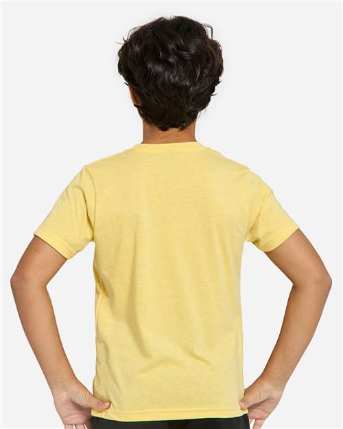 Bright Yellow - Threadfast Apparel T1000B Epic T-Shirt with Printed Logo Threadfast Apparel Youth Epic Cotton T-Shirt in Bright Yellow, back view on model