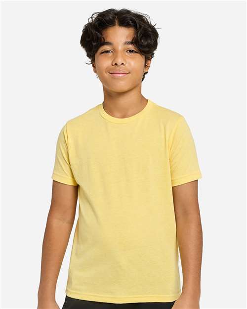 Bright Yellow - Threadfast Apparel T1000B Epic T-Shirt with Printed Logo Threadfast Apparel Youth Epic Cotton T-Shirt in Bright Yellow, front view on model