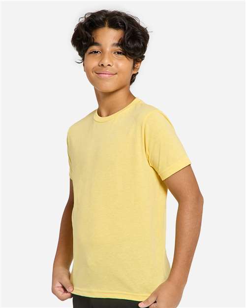 Bright Yellow - Threadfast Apparel T1000B Epic T-Shirt with Printed Logo Threadfast Apparel Youth Epic Cotton T-Shirt in Bright Yellow, side view on model