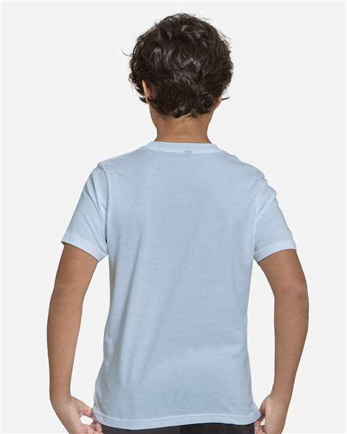 Light Blue - Threadfast Apparel T1000B Epic T-Shirt with Printed Logo Threadfast Apparel Youth Epic Cotton T-Shirt in Light Blue, back view on model
