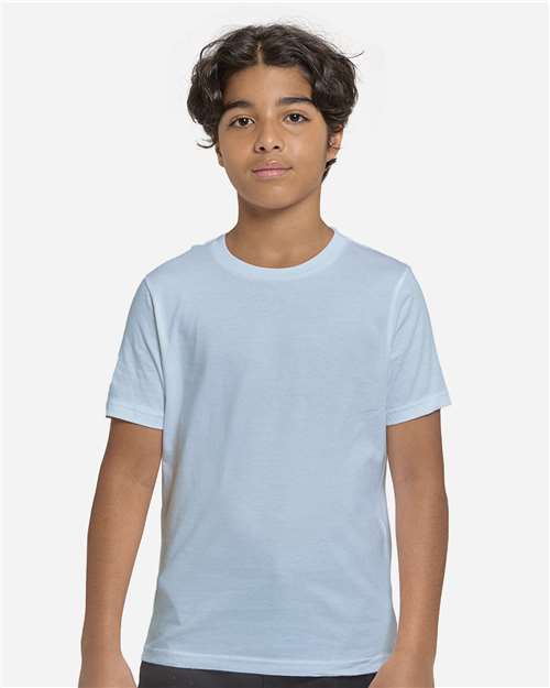 Light Blue - Threadfast Apparel T1000B Epic T-Shirt with Printed Logo Threadfast Apparel Youth Epic Cotton T-Shirt in Light Blue, front view on model