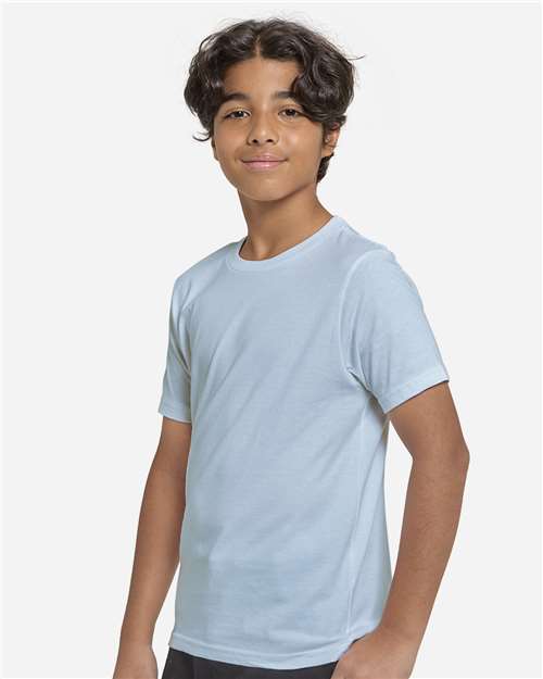Light Blue - Threadfast Apparel T1000B Epic T-Shirt with Printed Logo Threadfast Apparel Youth Epic Cotton T-Shirt in Light Blue, side view on model