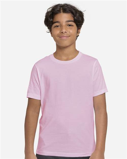 Light Pink - Threadfast Apparel T1000B Epic T-Shirt with Printed Logo Threadfast Apparel Youth Epic Cotton T-Shirt in Light Pink, front view on model