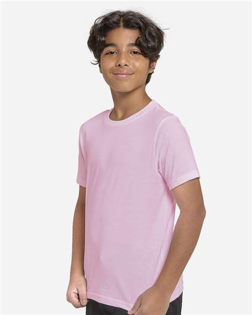 Light Pink - Threadfast Apparel T1000B Epic T-Shirt with Printed Logo Threadfast Apparel Youth Epic Cotton T-Shirt in Light Pink, side view on model