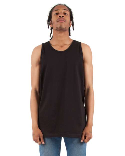Black - Shaka Wear Unisex Active Tank with Custom Logo Printing Shaka Wear Unisex Active Tank in Black, front view on model