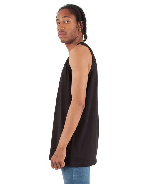 Black - Shaka Wear Unisex Active Tank with Custom Logo Printing Shaka Wear Unisex Active Tank in Black, side view on model