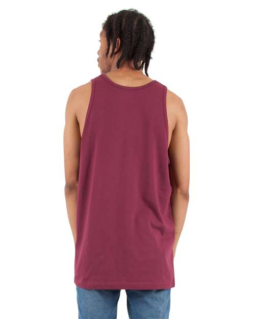 Burgundy - Shaka Wear Unisex Active Tank with Custom Logo Printing Shaka Wear Unisex Active Tank in Burgundy, back view on model