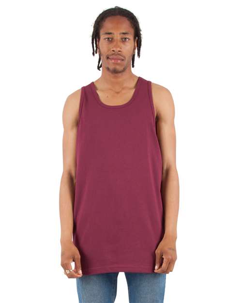 Burgundy - Shaka Wear Unisex Active Tank with Custom Logo Printing Shaka Wear Unisex Active Tank in Burgundy, front view on model