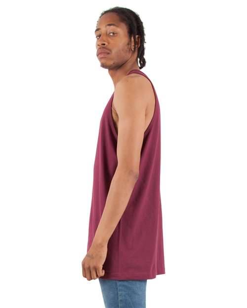 Burgundy - Shaka Wear Unisex Active Tank with Custom Logo Printing Shaka Wear Unisex Active Tank in Burgundy, side view on model